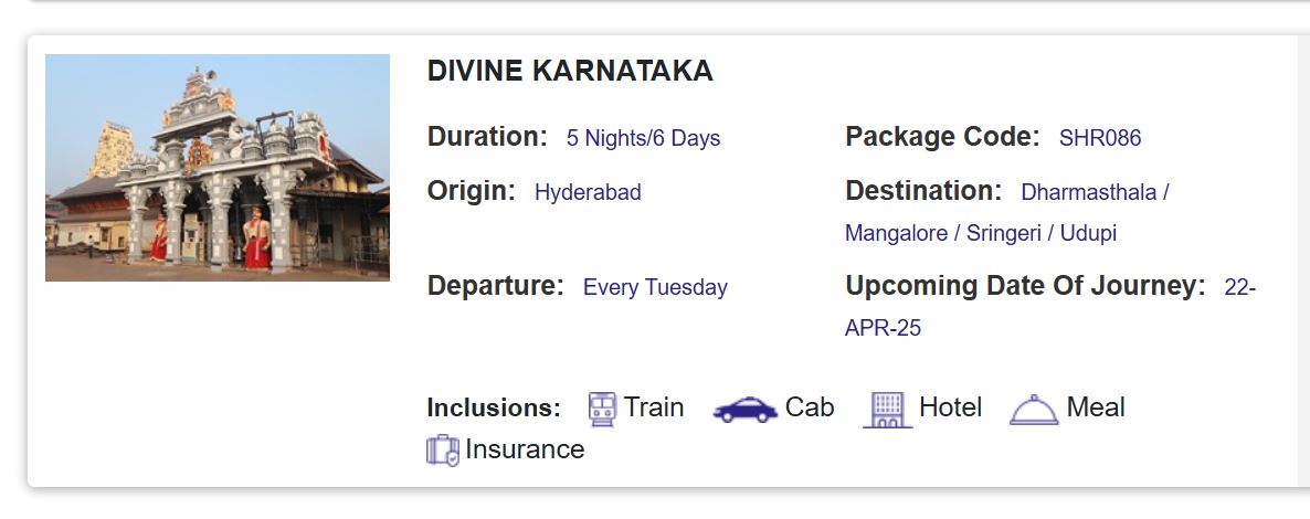 hyderabad to udupi trip 15 to 30 april irctc tour package costिने्ं